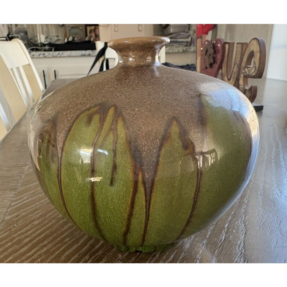 Table Vase Mid Century Modern  drip glazed pottery onion shape Numbered 12